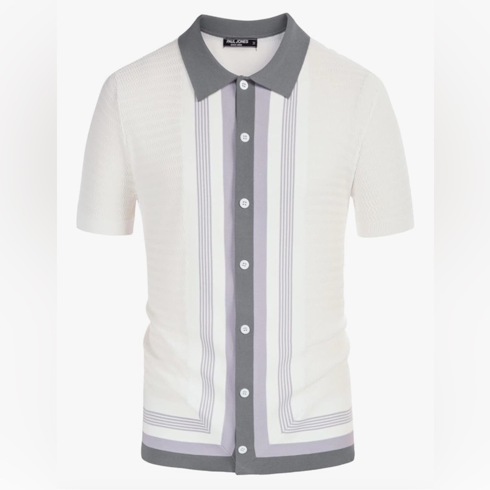 PJ PAUL JONES Men's Vintage Stripe Knit Polo Shirt Short Sleeve Button Down